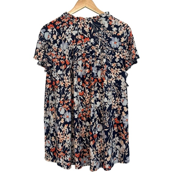 Women's 3X Navy Floral Stretchy Soft Work Casual Short Sleeve PLUS Blouse - Picture 5 of 5